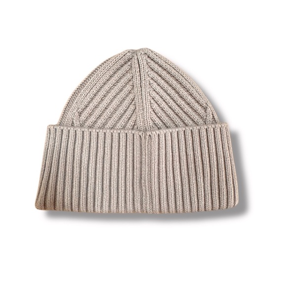 All Saints Traveling Ribbed Logo Beanie Hat Leather Cortina Beige - Picture 3 of 5